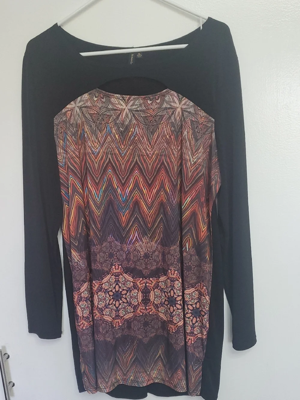 Black Long-Sleeve Tunic with Multicolor Chevron & Medallion Print